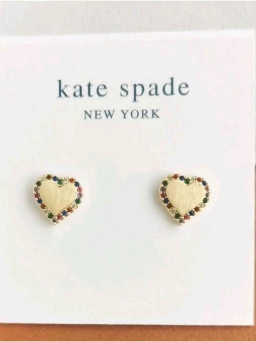 NWT Kate Spade Gold Rainbow Heart Stud Earrings with Multicolor Crystal Accents